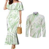 Sharks Couple Dreamy Polynesians Floral Sea Couples Matching Mermaid Dress and Long Sleeve Button Shirt Emerald - Polynesian Pride