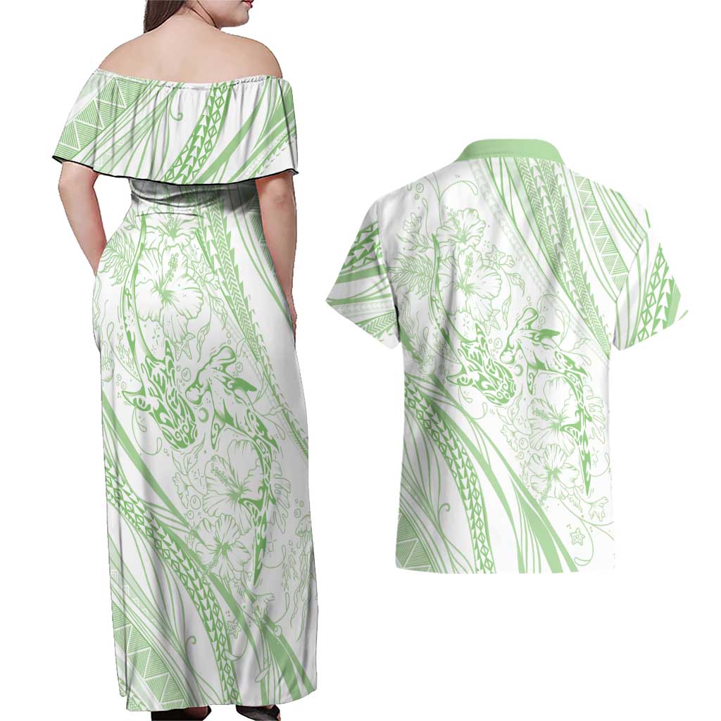 Sharks Couple Dreamy Polynesians Floral Sea Couples Matching Off Shoulder Maxi Dress and Hawaiian Shirt Emerald - Polynesian Pride