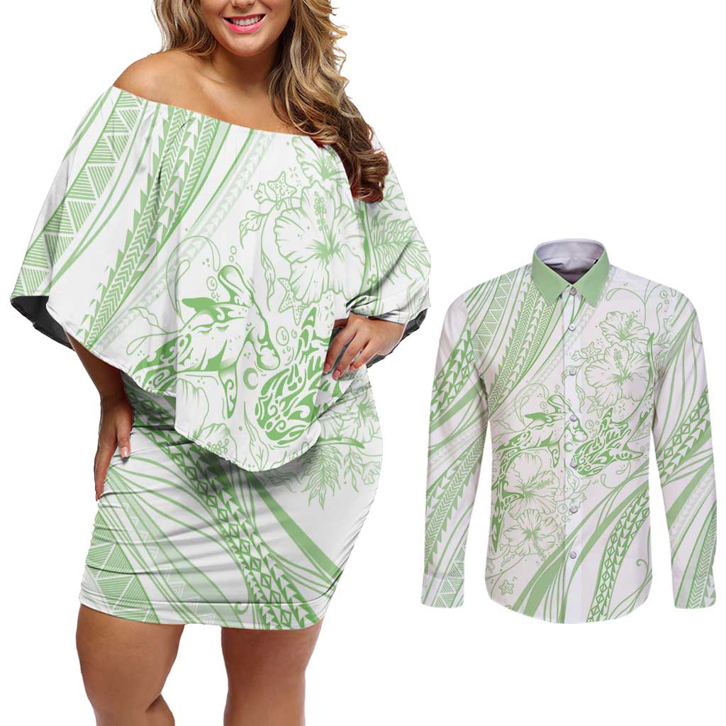 Sharks Couple Dreamy Polynesians Floral Sea Couples Matching Off Shoulder Short Dress and Long Sleeve Button Shirt Emerald - Polynesian Pride