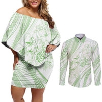 Sharks Couple Dreamy Polynesians Floral Sea Couples Matching Off Shoulder Short Dress and Long Sleeve Button Shirt Emerald - Polynesian Pride