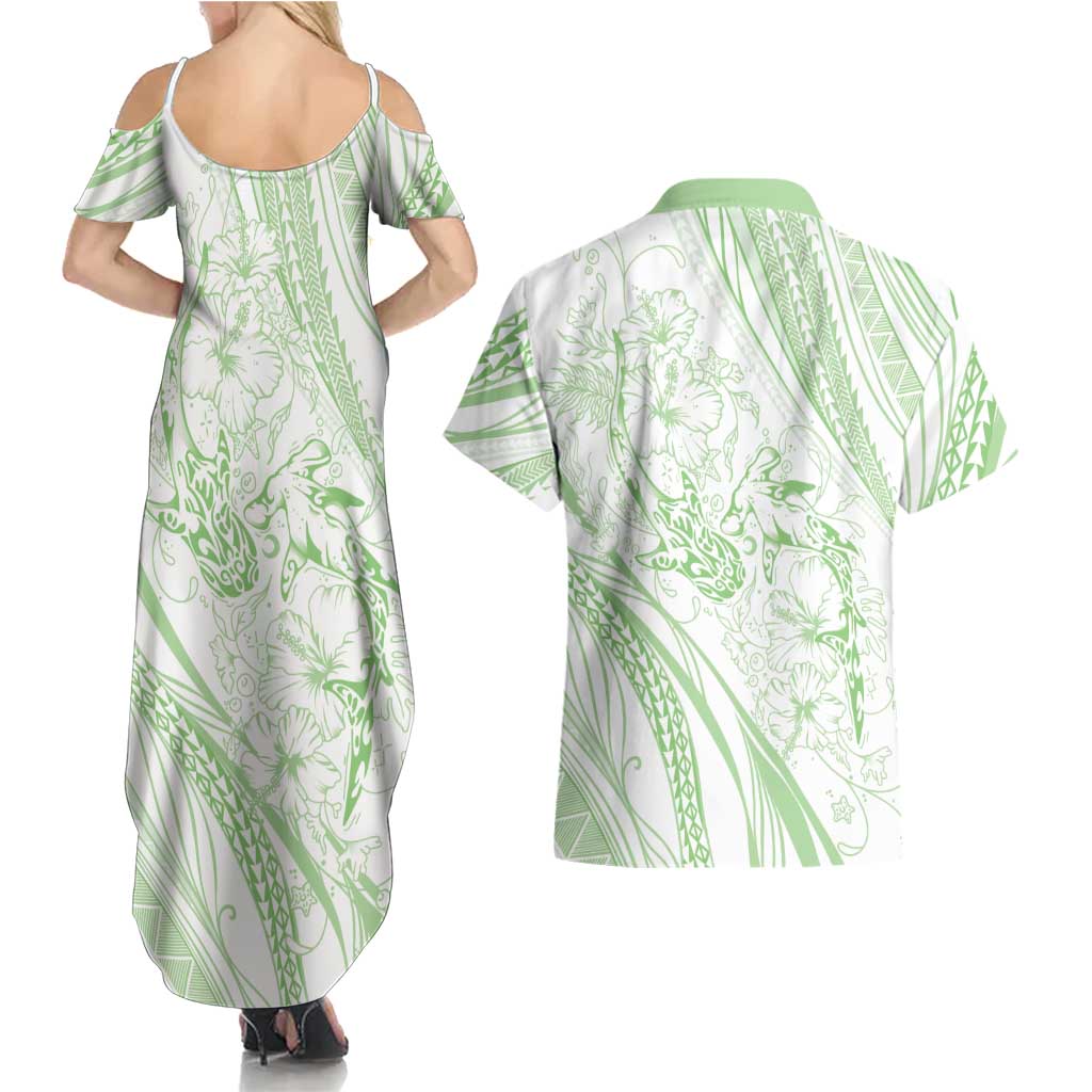 Sharks Couple Dreamy Polynesians Floral Sea Couples Matching Summer Maxi Dress and Hawaiian Shirt Emerald - Polynesian Pride