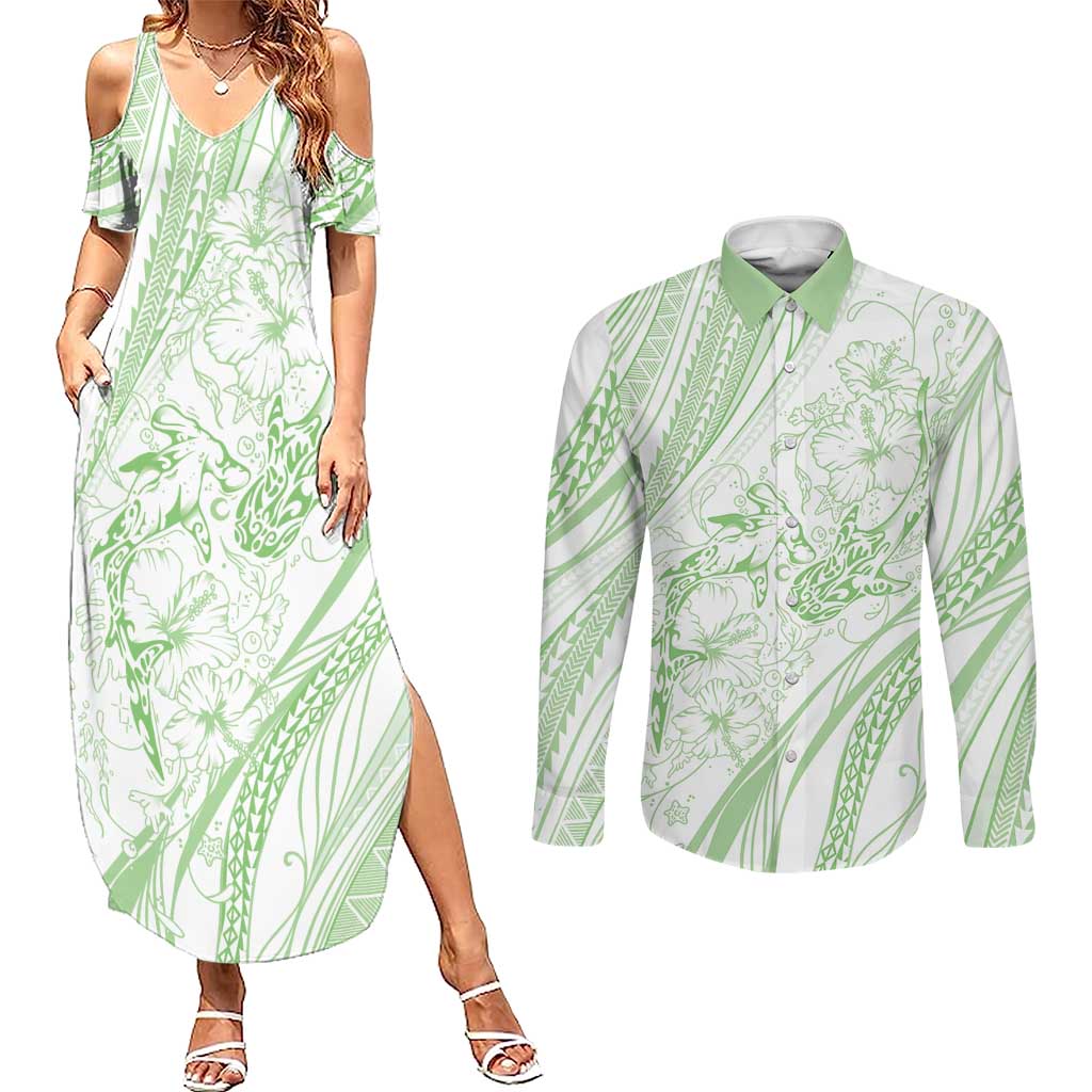 Sharks Couple Dreamy Polynesians Floral Sea Couples Matching Summer Maxi Dress and Long Sleeve Button Shirt Emerald LT7 Emerald - Polynesian Pride