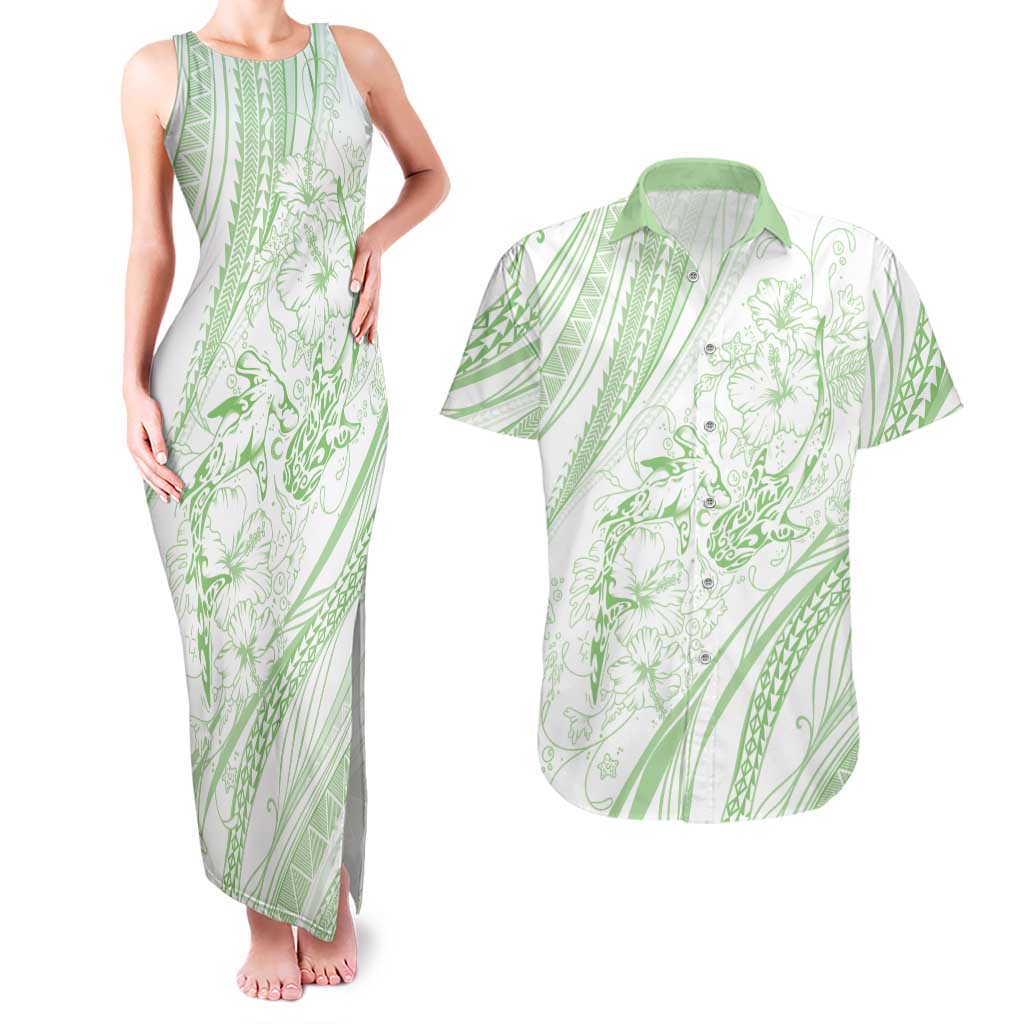 Sharks Couple Dreamy Polynesians Floral Sea Couples Matching Tank Maxi Dress and Hawaiian Shirt Emerald - Polynesian Pride