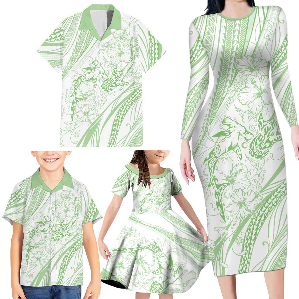 Sharks Couple Dreamy Polynesians Floral Sea Family Matching Long Sleeve Bodycon Dress and Hawaiian Shirt Emerald LT7 - Polynesian Pride