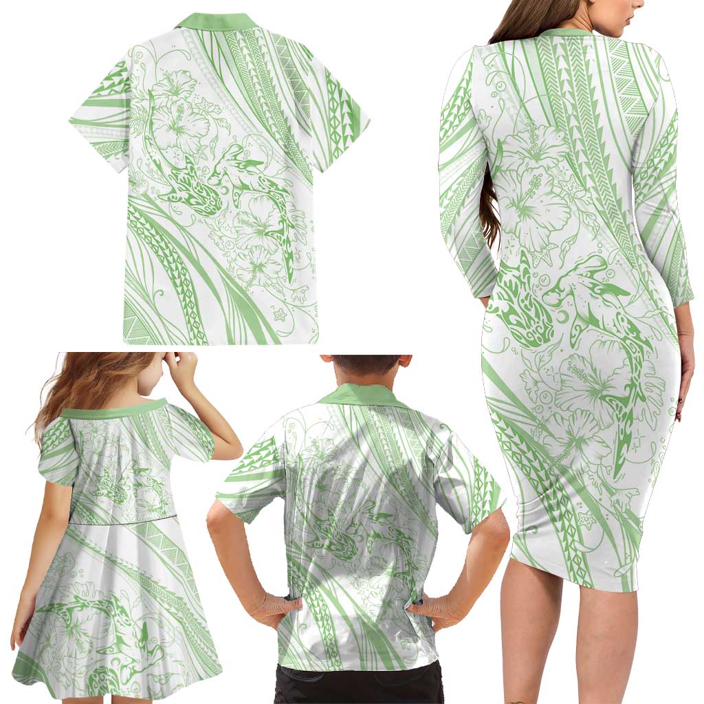 Sharks Couple Dreamy Polynesians Floral Sea Family Matching Long Sleeve Bodycon Dress and Hawaiian Shirt Emerald LT7 - Polynesian Pride