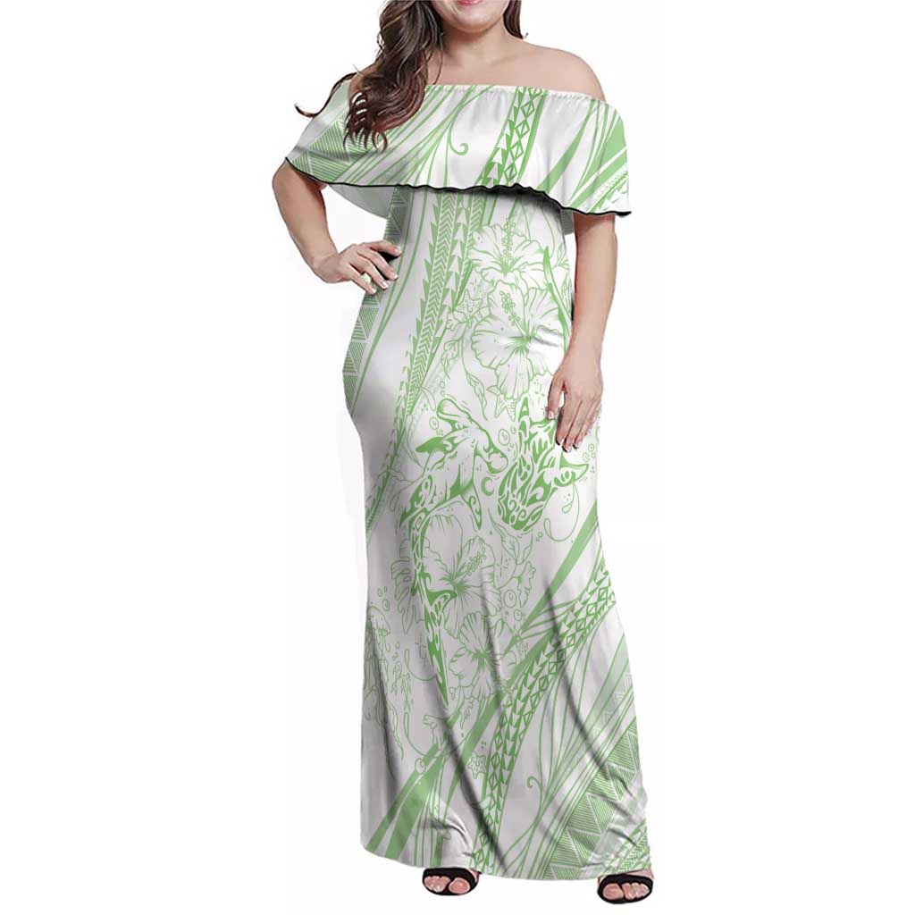 Sharks Couple Dreamy Polynesians Floral Sea Family Matching Off Shoulder Maxi Dress and Hawaiian Shirt Emerald LT7 Mom's Dress Emerald - Polynesian Pride