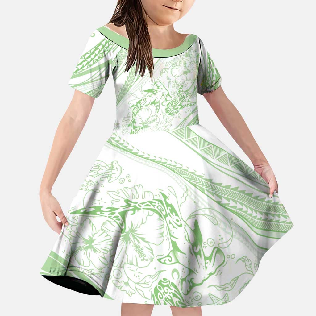 Sharks Couple Dreamy Polynesians Floral Sea Family Matching Off Shoulder Short Dress and Hawaiian Shirt Emerald LT7 Daughter's Dress Emerald - Polynesian Pride