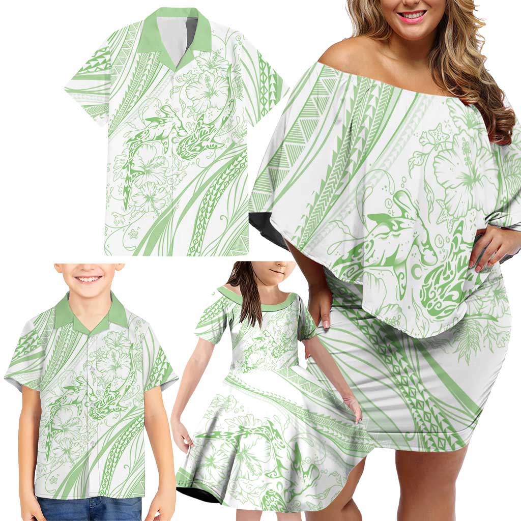Sharks Couple Dreamy Polynesians Floral Sea Family Matching Off Shoulder Short Dress and Hawaiian Shirt Emerald LT7 - Polynesian Pride