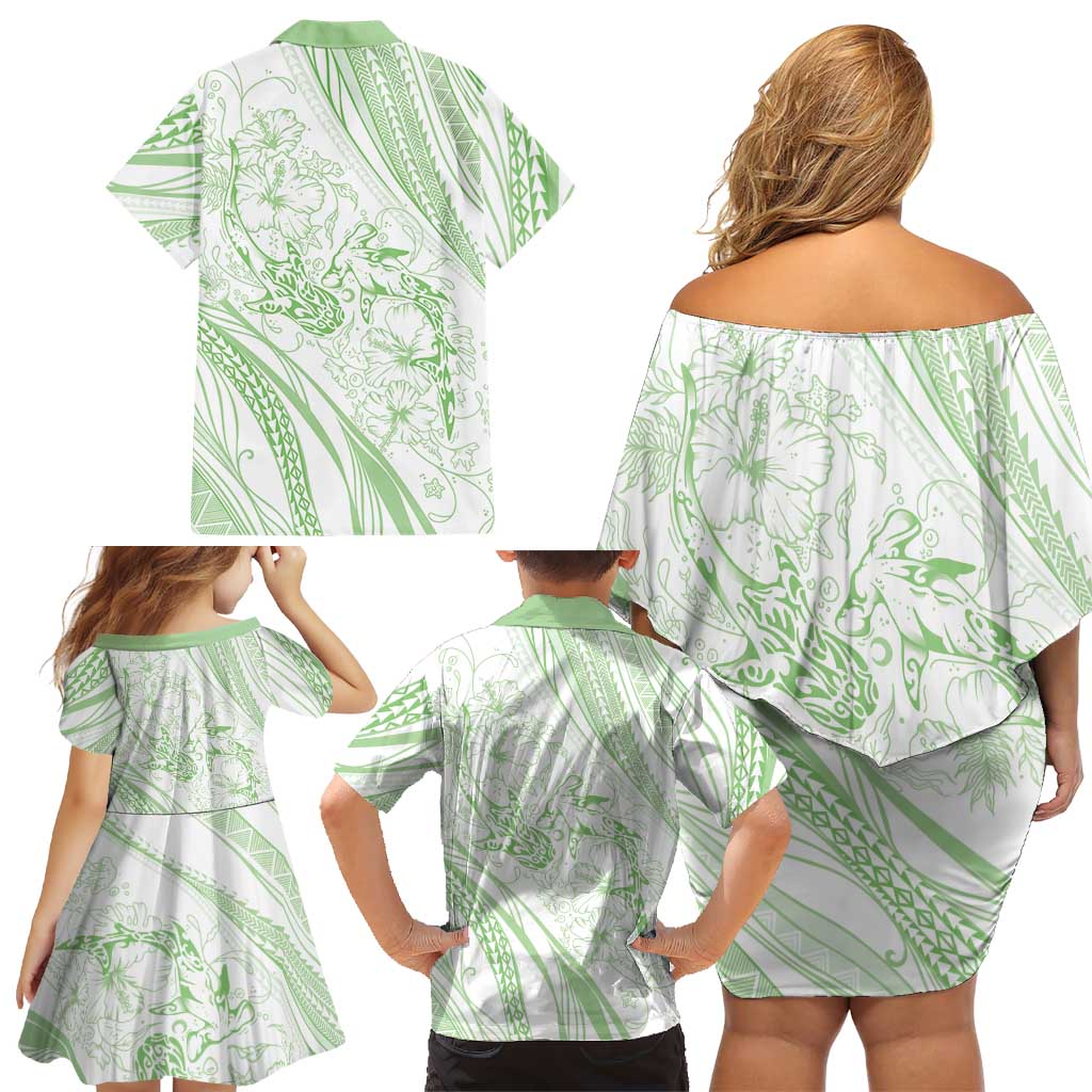Sharks Couple Dreamy Polynesians Floral Sea Family Matching Off Shoulder Short Dress and Hawaiian Shirt Emerald LT7 - Polynesian Pride