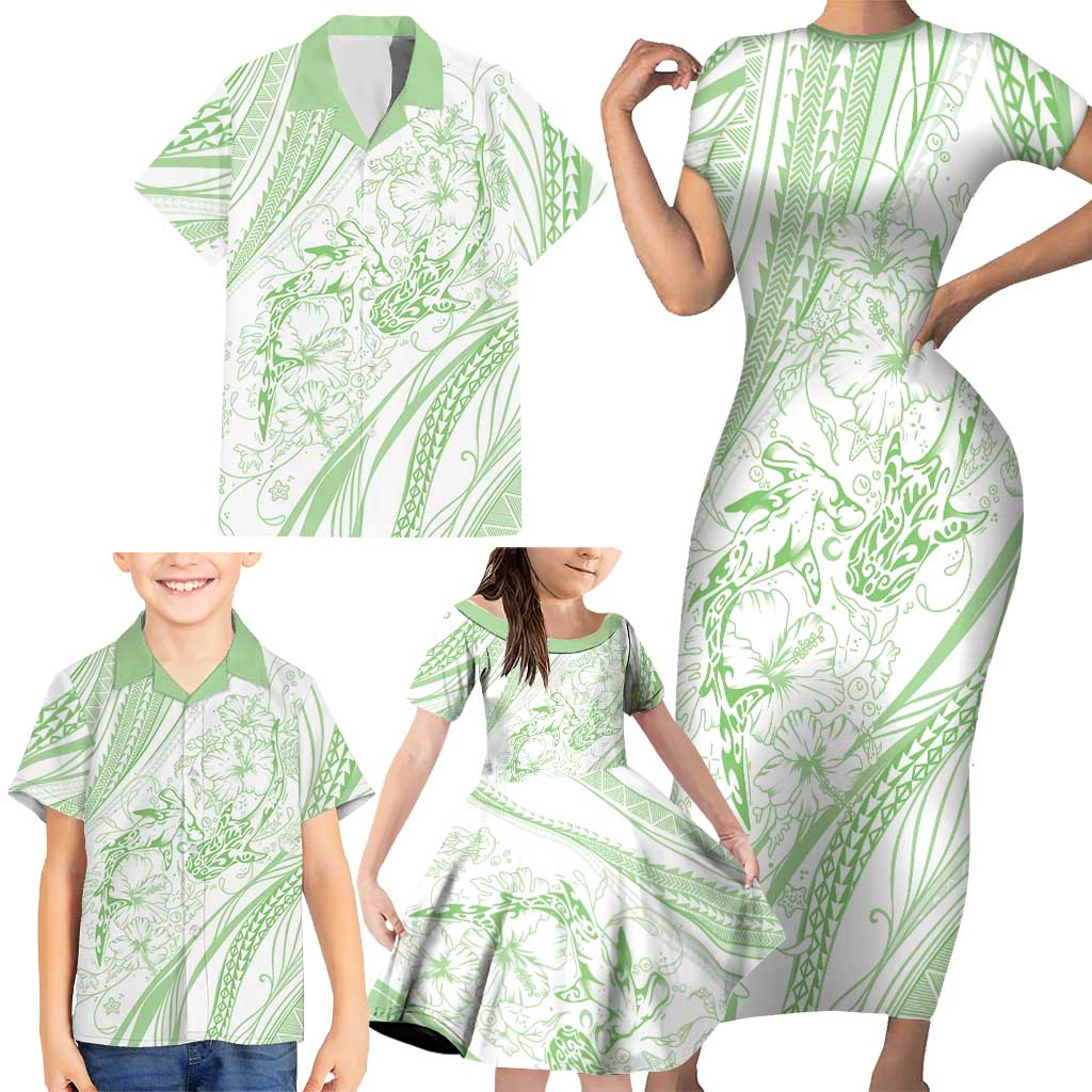 Sharks Couple Dreamy Polynesians Floral Sea Family Matching Short Sleeve Bodycon Dress and Hawaiian Shirt Emerald LT7 - Polynesian Pride