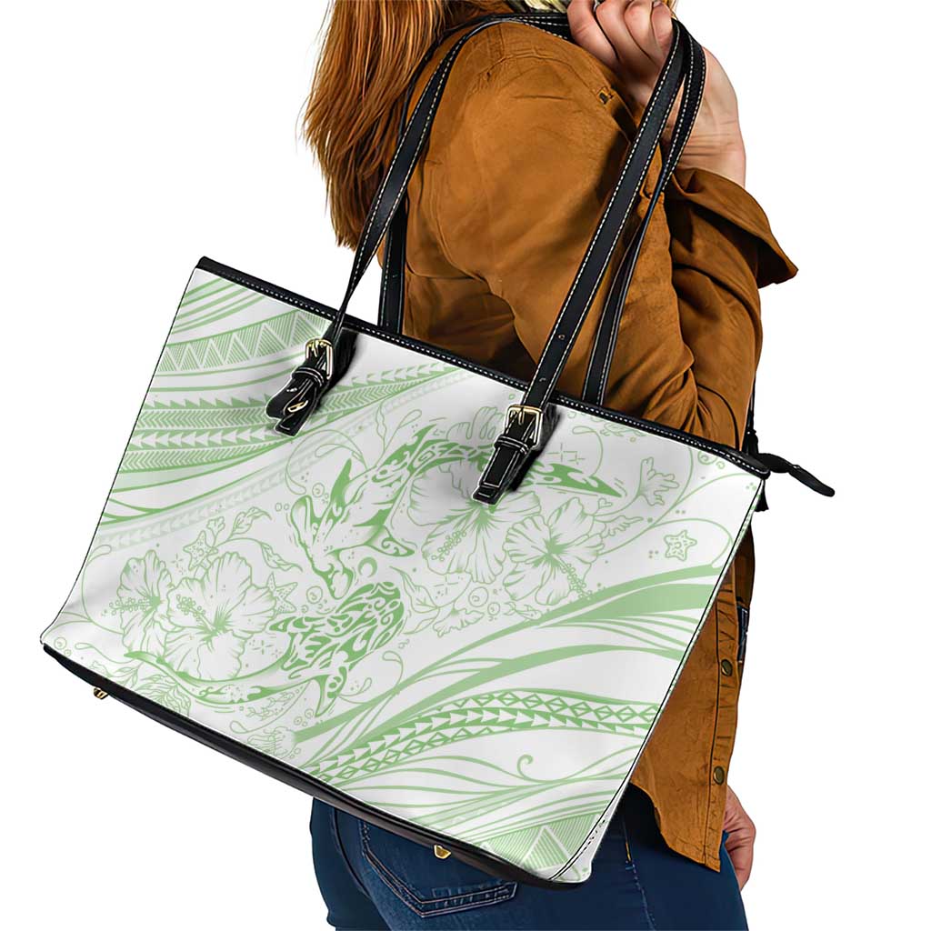 Sharks Couple Dreamy Polynesians Floral Sea Leather Tote Bag Emerald - Polynesian Pride