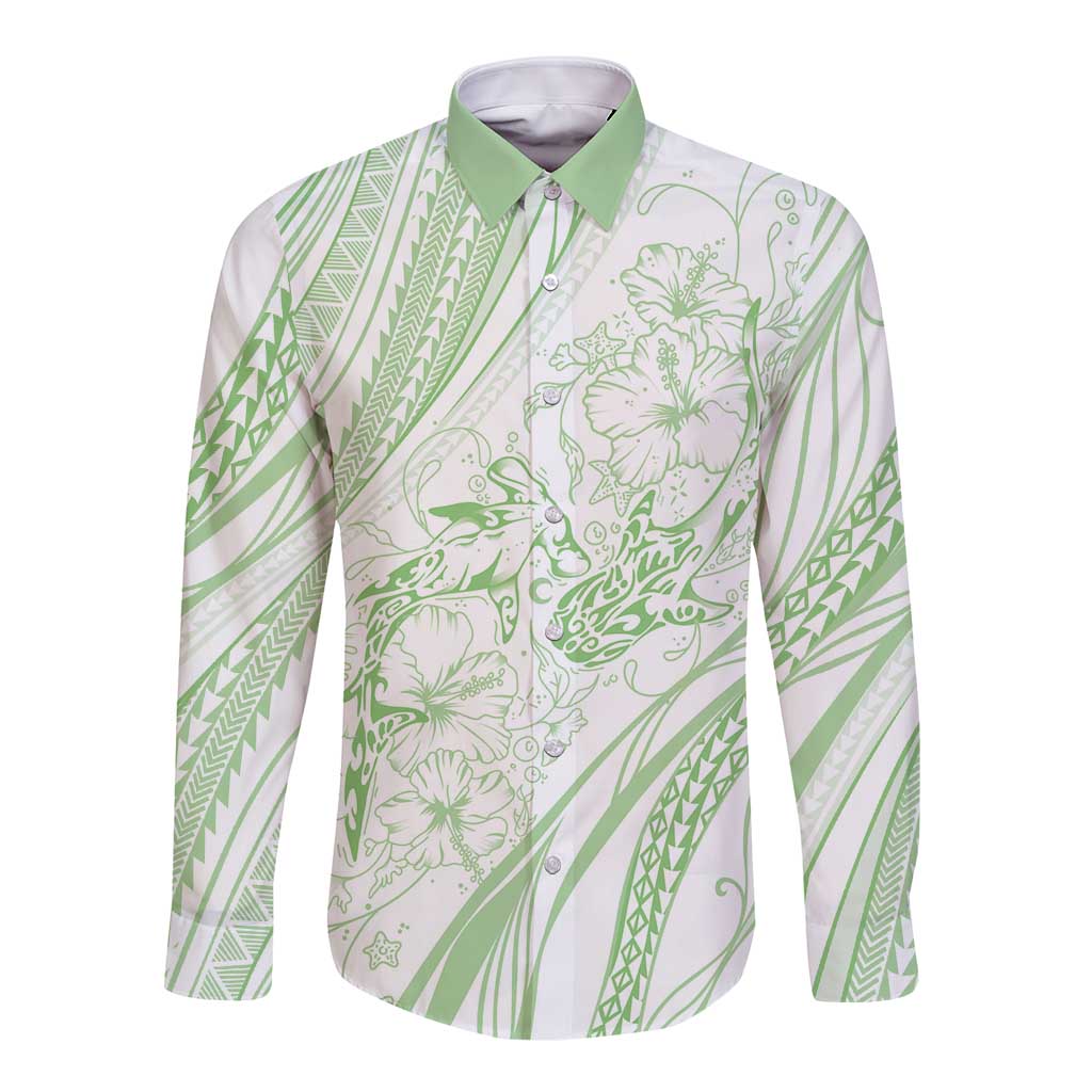 Sharks Couple Dreamy Polynesians Floral Sea Long Sleeve Button Shirt Emerald - Polynesian Pride