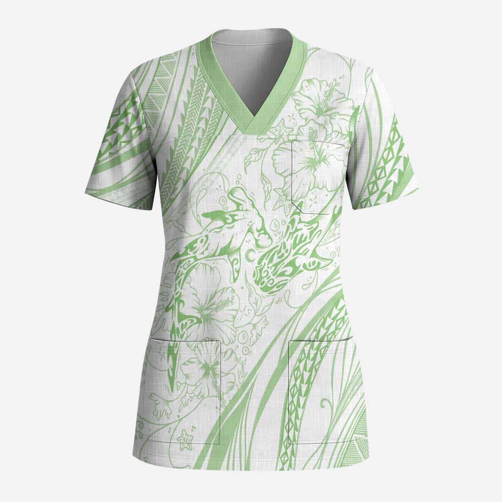 Sharks Couple Dreamy Polynesians Floral Sea Scrub Top Emerald - Polynesian Pride