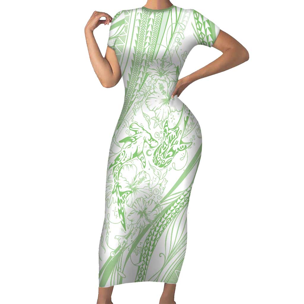 Sharks Couple Dreamy Polynesians Floral Sea Short Sleeve Bodycon Dress Emerald - Polynesian Pride