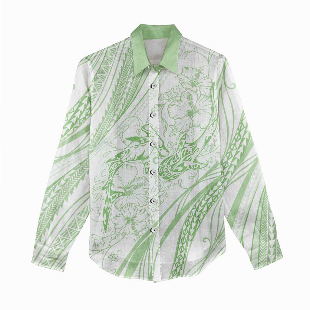 Sharks Couple Dreamy Polynesians Floral Sea Women Casual Shirt Emerald - Polynesian Pride
