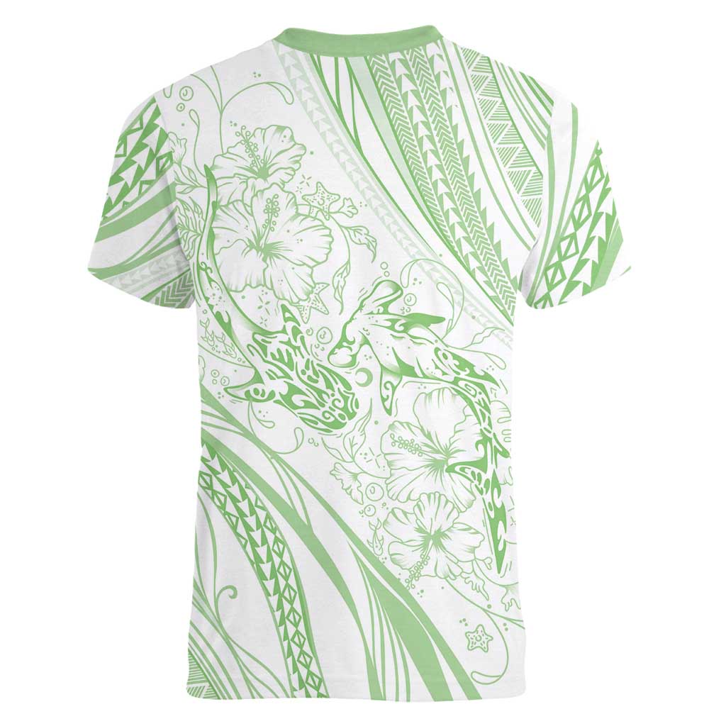 Sharks Couple Dreamy Polynesians Floral Sea Women V-Neck T-Shirt Emerald - Polynesian Pride