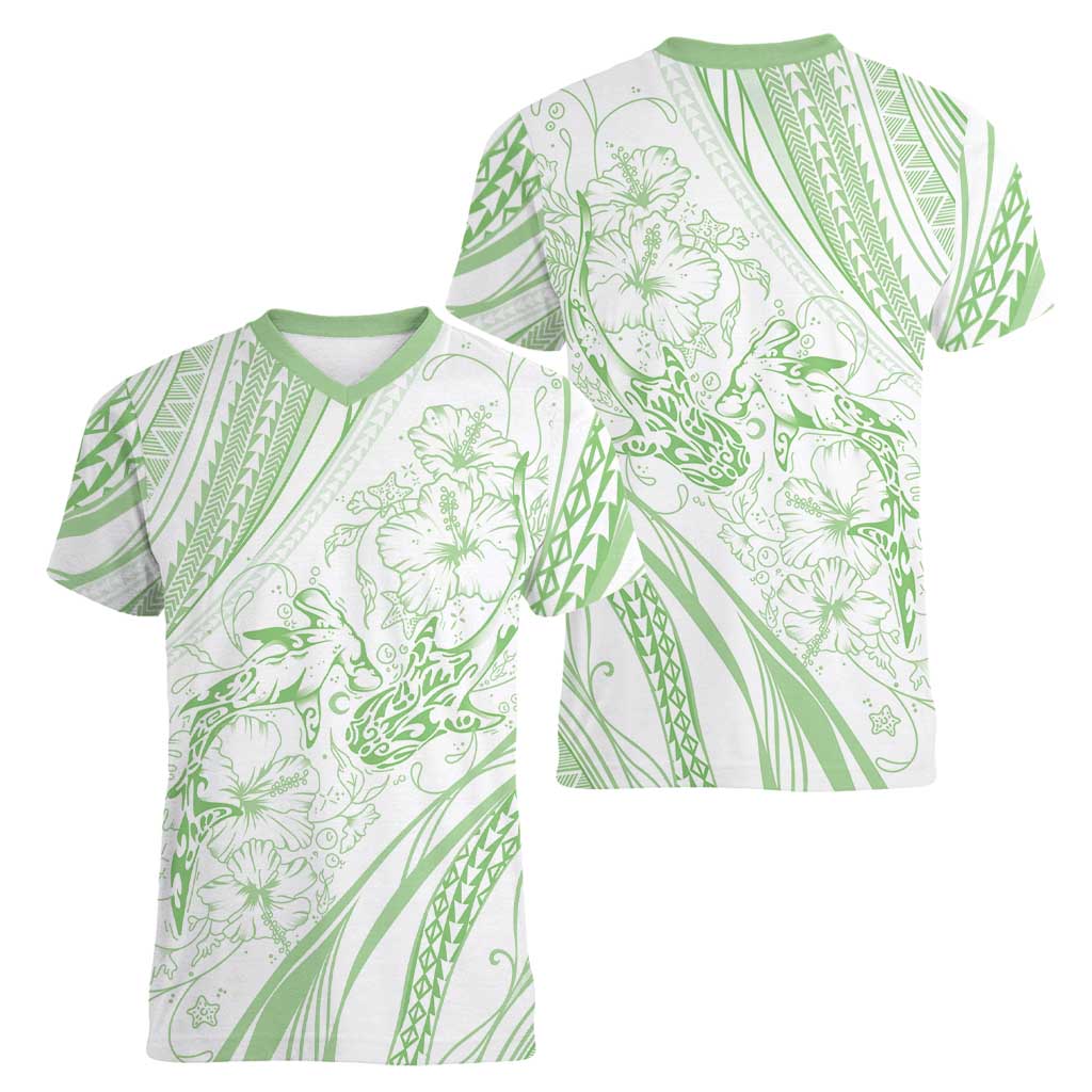 Sharks Couple Dreamy Polynesians Floral Sea Women V-Neck T-Shirt Emerald - Polynesian Pride