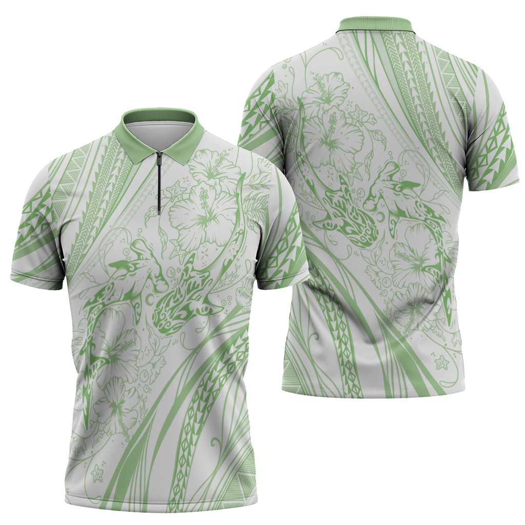 Sharks Couple Dreamy Polynesians Floral Sea Zipper Polo Shirt Emerald - Polynesian Pride