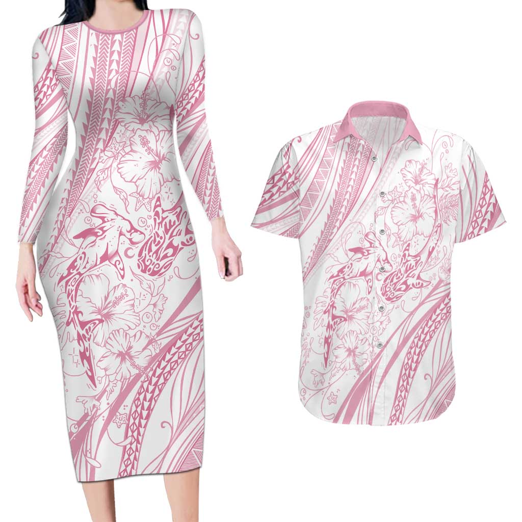 Sharks Couple Dreamy Polynesians Floral Sea Couples Matching Long Sleeve Bodycon Dress and Hawaiian Shirt Pink LT7 Pink - Polynesian Pride