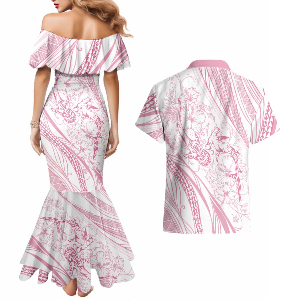 Sharks Couple Dreamy Polynesians Floral Sea Couples Matching Mermaid Dress and Hawaiian Shirt Pink LT7 - Polynesian Pride