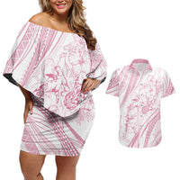 Sharks Couple Dreamy Polynesians Floral Sea Couples Matching Off Shoulder Short Dress and Hawaiian Shirt Pink LT7 Pink - Polynesian Pride