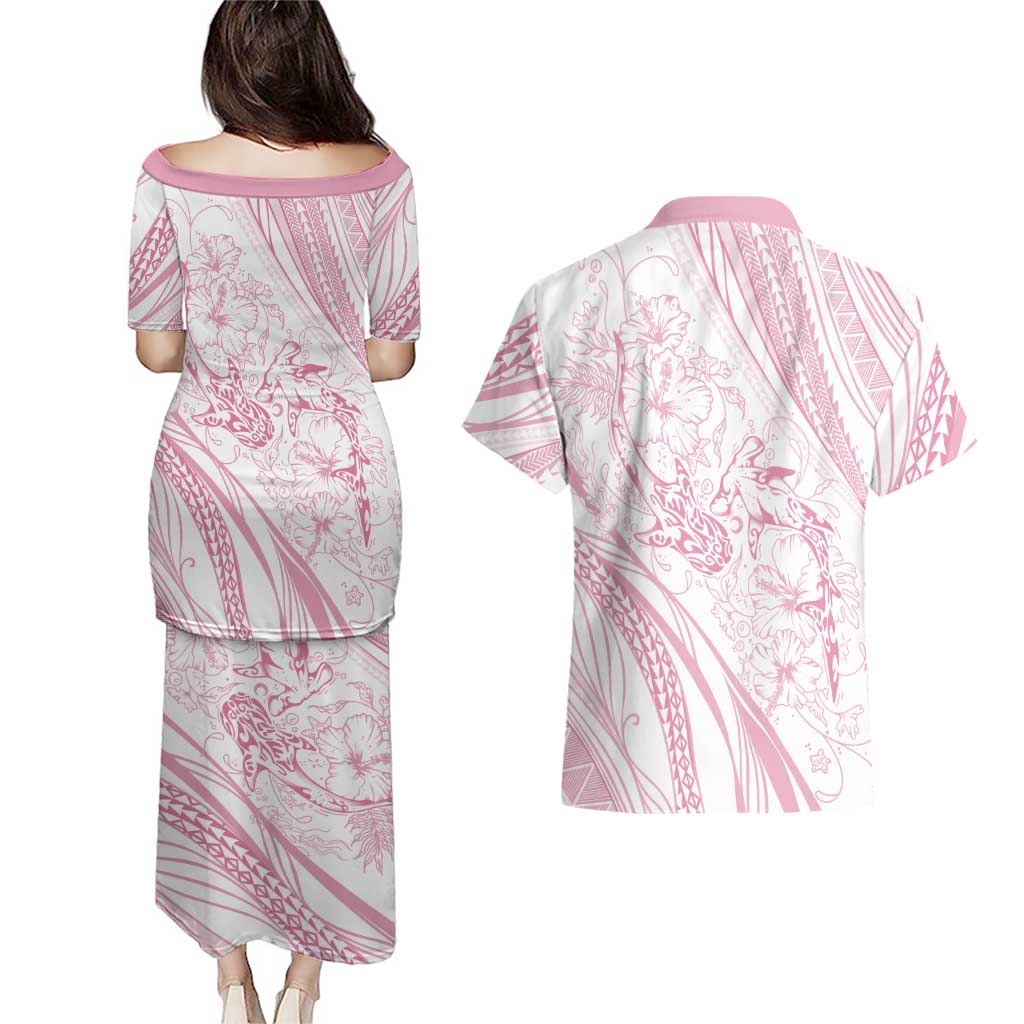Sharks Couple Dreamy Polynesians Floral Sea Couples Matching Puletasi and Hawaiian Shirt Pink - Polynesian Pride