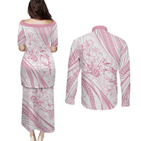 Sharks Couple Dreamy Polynesians Floral Sea Couples Matching Puletasi and Long Sleeve Button Shirt Pink - Polynesian Pride