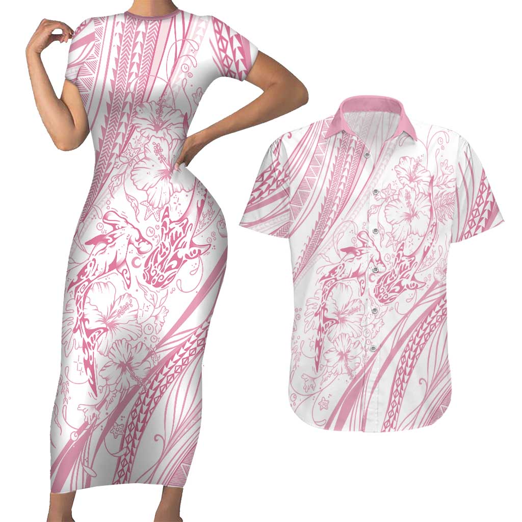 Sharks Couple Dreamy Polynesians Floral Sea Couples Matching Short Sleeve Bodycon Dress and Hawaiian Shirt Pink LT7 Pink - Polynesian Pride