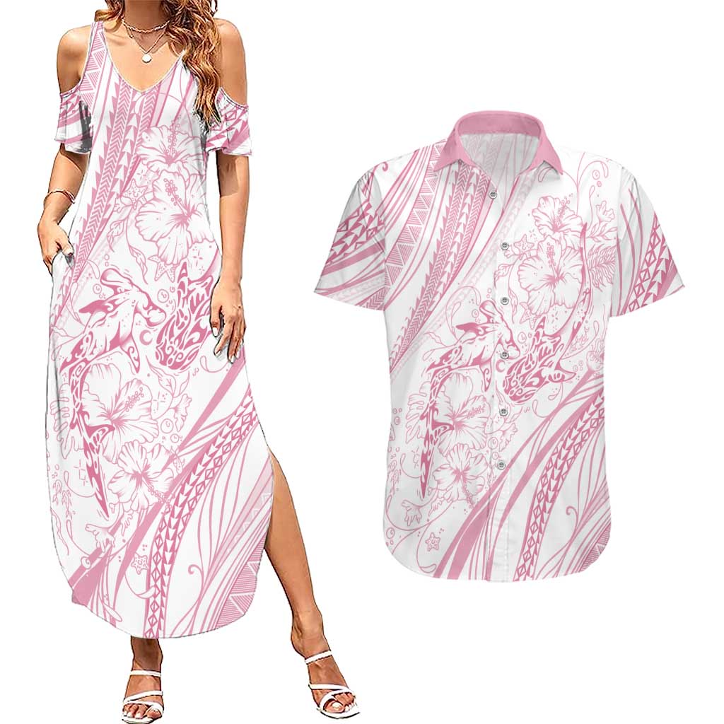 Sharks Couple Dreamy Polynesians Floral Sea Couples Matching Summer Maxi Dress and Hawaiian Shirt Pink - Polynesian Pride