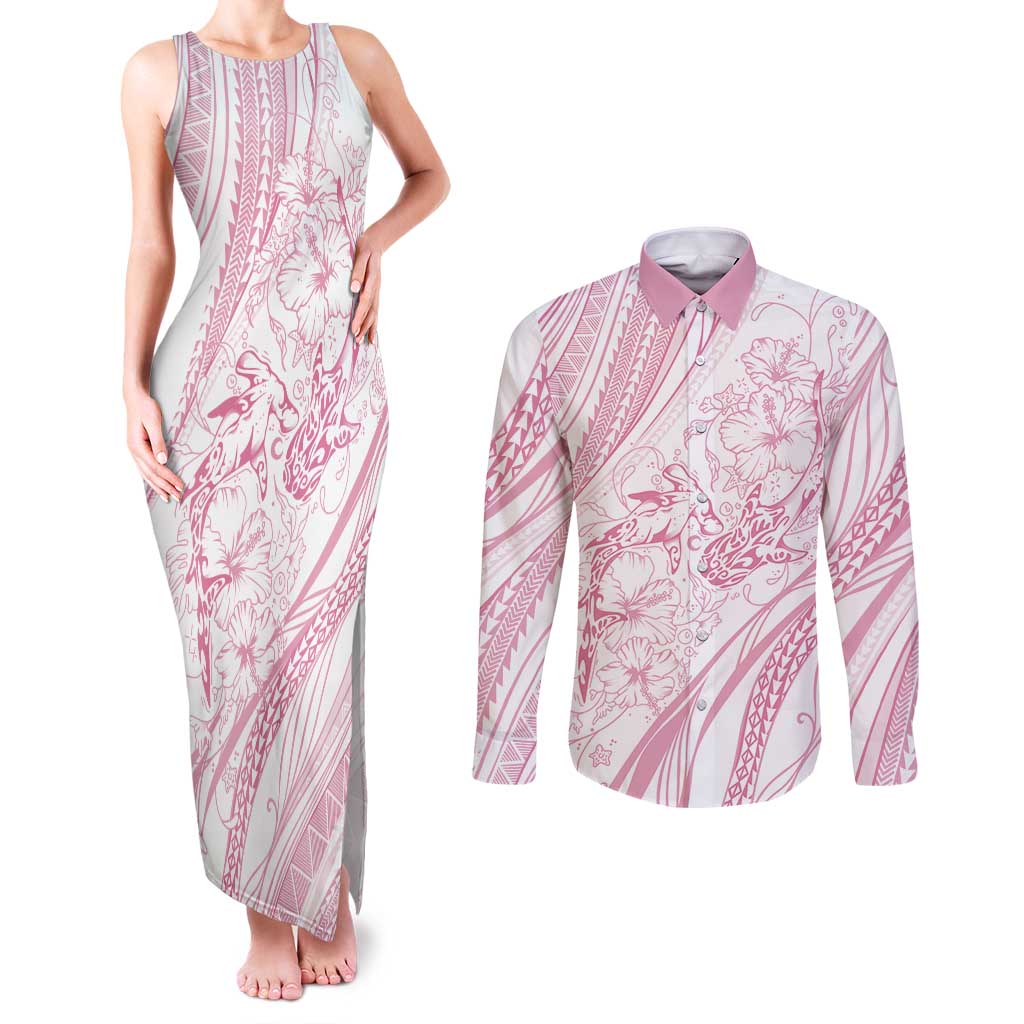 Sharks Couple Dreamy Polynesians Floral Sea Couples Matching Tank Maxi Dress and Long Sleeve Button Shirt Pink - Polynesian Pride