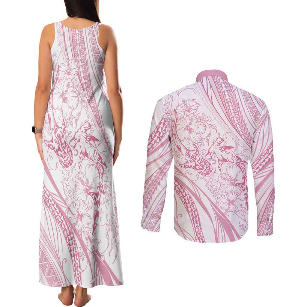 Sharks Couple Dreamy Polynesians Floral Sea Couples Matching Tank Maxi Dress and Long Sleeve Button Shirt Pink - Polynesian Pride