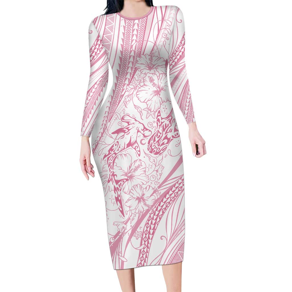 Sharks Couple Dreamy Polynesians Floral Sea Family Matching Long Sleeve Bodycon Dress and Hawaiian Shirt Pink LT7 Mom's Dress Pink - Polynesian Pride