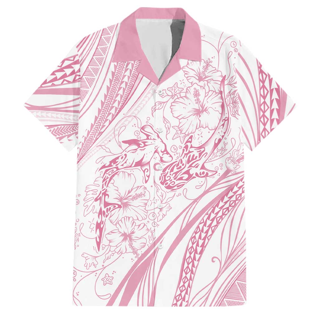 Sharks Couple Dreamy Polynesians Floral Sea Family Matching Off Shoulder Short Dress and Hawaiian Shirt Pink LT7 Dad's Shirt - Short Sleeve Pink - Polynesian Pride