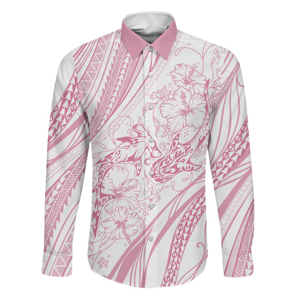 Sharks Couple Dreamy Polynesians Floral Sea Family Matching Off Shoulder Short Dress and Hawaiian Shirt Pink LT7 Dad's Shirt - Long Sleeve Pink - Polynesian Pride