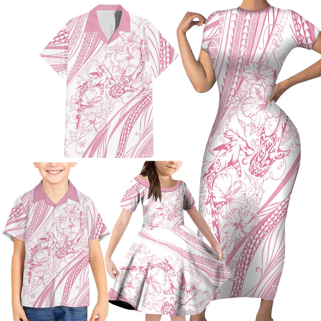Sharks Couple Dreamy Polynesians Floral Sea Family Matching Short Sleeve Bodycon Dress and Hawaiian Shirt Pink LT7 - Polynesian Pride