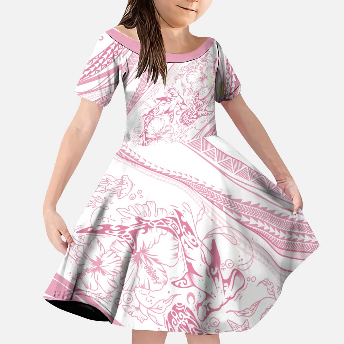 Sharks Couple Dreamy Polynesians Floral Sea Kid Short Sleeve Dress Pink - Polynesian Pride