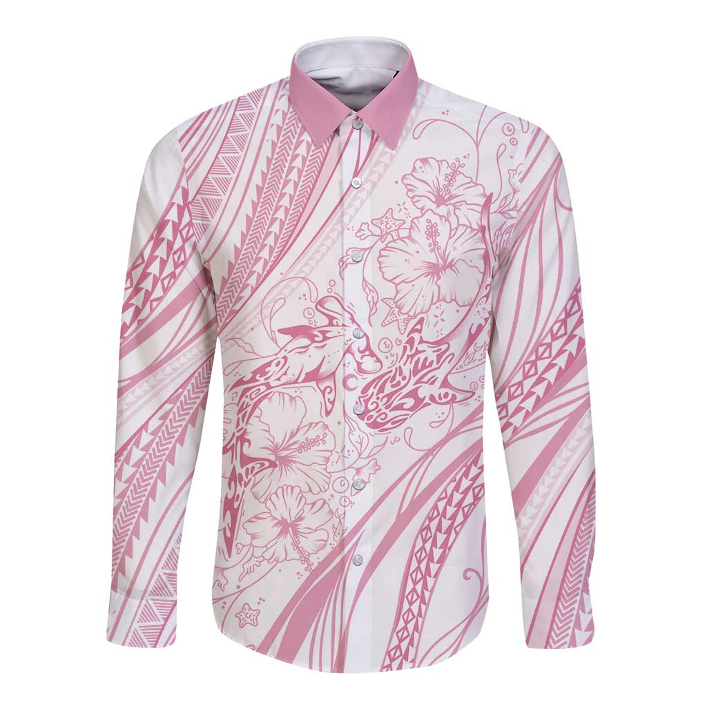 Sharks Couple Dreamy Polynesians Floral Sea Long Sleeve Button Shirt Pink - Polynesian Pride