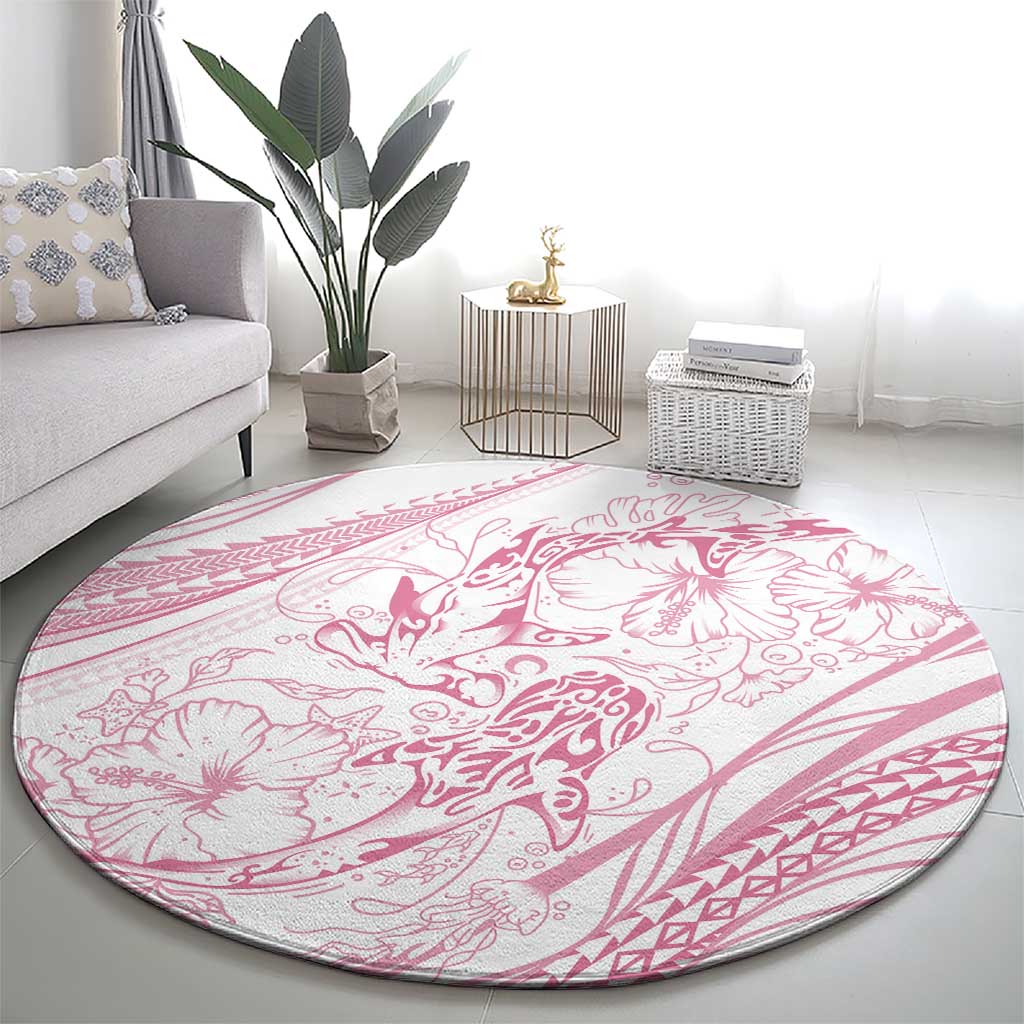 Sharks Couple Dreamy Polynesians Floral Sea Round Carpet Pink - Polynesian Pride