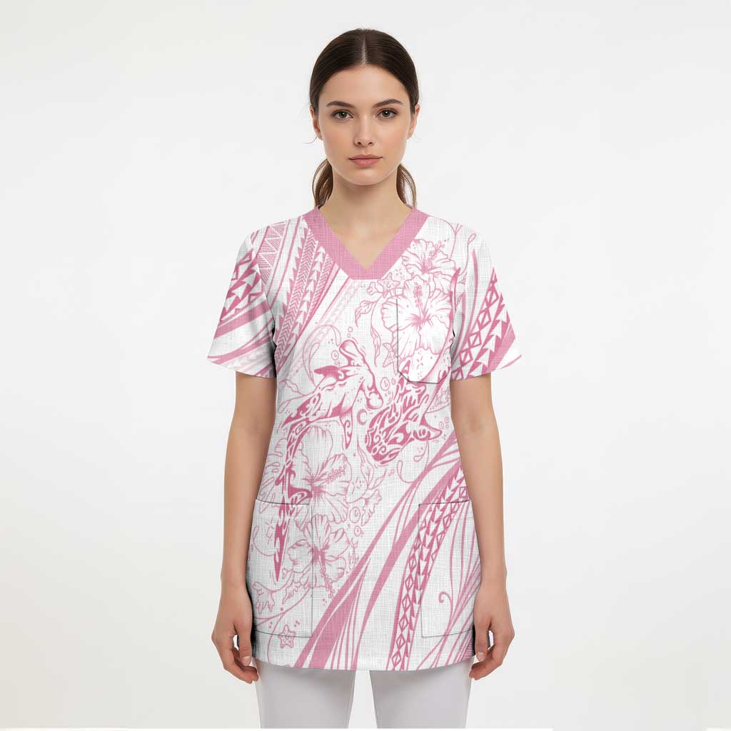 Sharks Couple Dreamy Polynesians Floral Sea Scrub Top Pink - Polynesian Pride