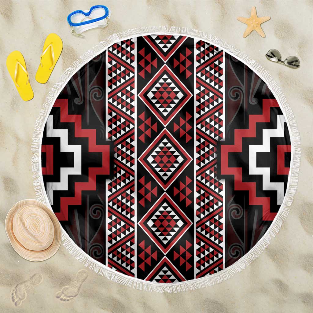 Red Tukutuku Pattern Aotearoa Beach Blanket Niho Taniwha and Puhoro Motifs