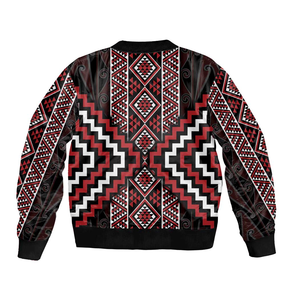 Red Tukutuku Pattern Aotearoa Bomber Jacket Niho Taniwha and Puhoro Motifs