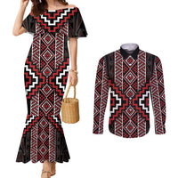 Red Tukutuku Pattern Aotearoa Couples Matching Mermaid Dress and Long Sleeve Button Shirt Niho Taniwha and Puhoro Motifs LT7 Red - Polynesian Pride