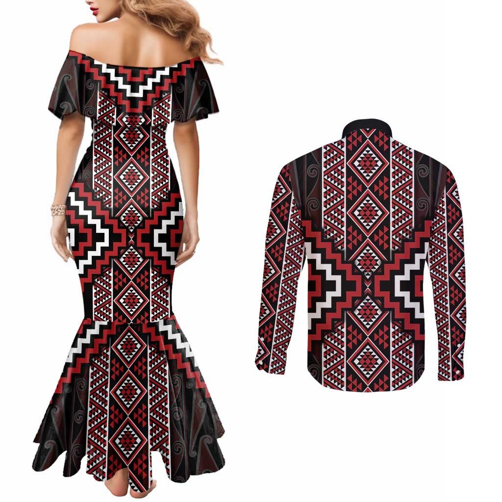 Red Tukutuku Pattern Aotearoa Couples Matching Mermaid Dress and Long Sleeve Button Shirt Niho Taniwha and Puhoro Motifs LT7 - Polynesian Pride