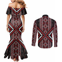 Red Tukutuku Pattern Aotearoa Couples Matching Mermaid Dress and Long Sleeve Button Shirt Niho Taniwha and Puhoro Motifs LT7 - Polynesian Pride