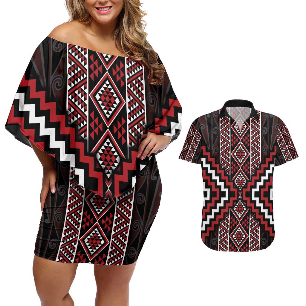 Red Tukutuku Pattern Aotearoa Couples Matching Off Shoulder Short Dress and Hawaiian Shirt Niho Taniwha and Puhoro Motifs LT7 Red - Polynesian Pride