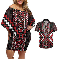 Red Tukutuku Pattern Aotearoa Couples Matching Off Shoulder Short Dress and Hawaiian Shirt Niho Taniwha and Puhoro Motifs LT7 Red - Polynesian Pride
