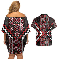 Red Tukutuku Pattern Aotearoa Couples Matching Off Shoulder Short Dress and Hawaiian Shirt Niho Taniwha and Puhoro Motifs LT7 - Polynesian Pride