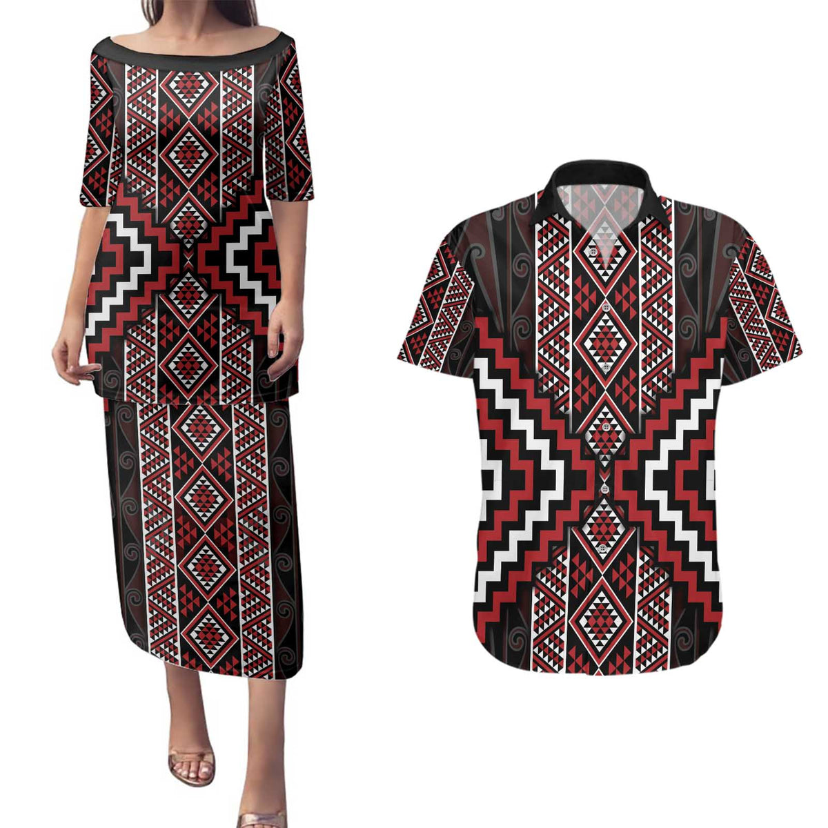 Red Tukutuku Pattern Aotearoa Couples Matching Puletasi and Hawaiian Shirt Niho Taniwha and Puhoro Motifs