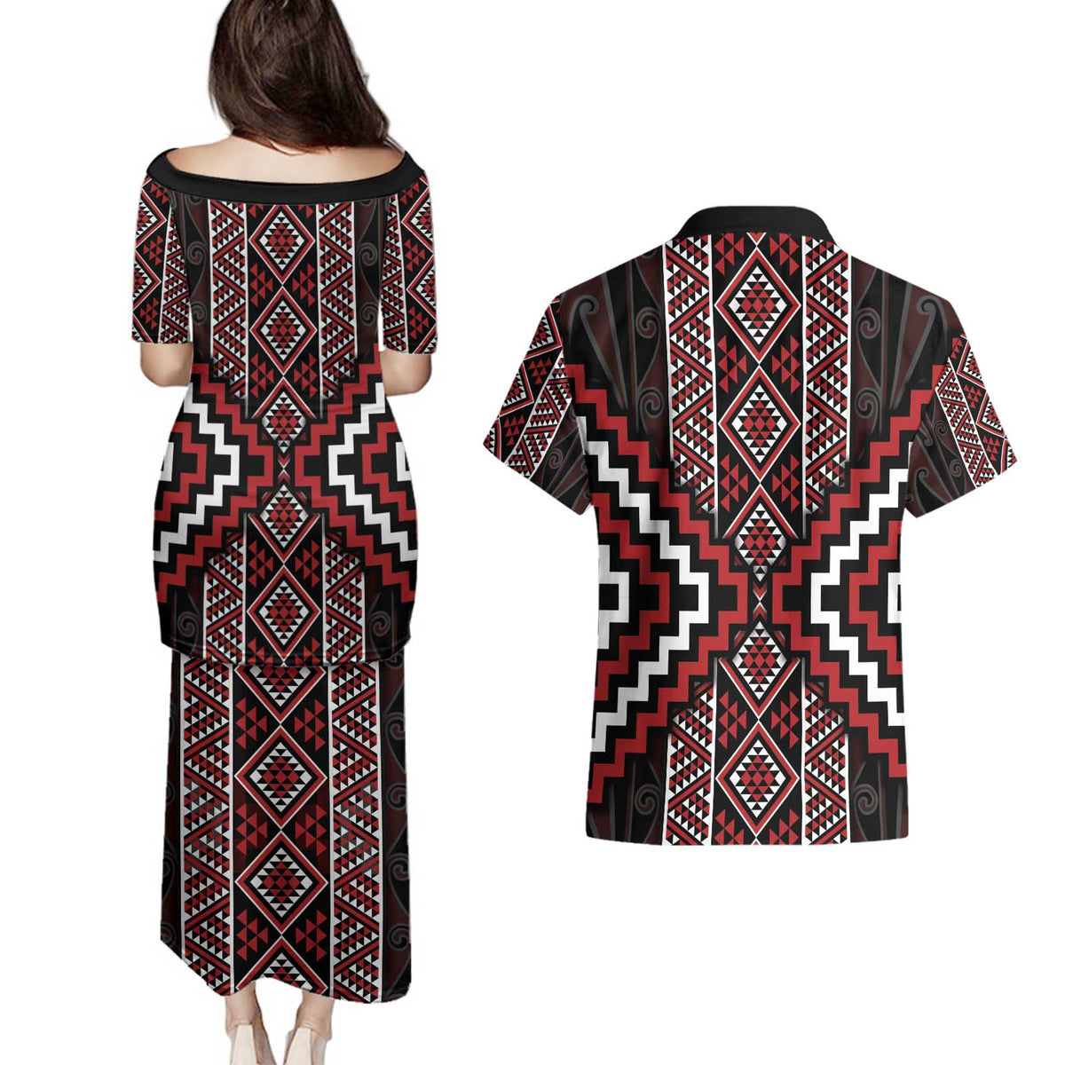 Red Tukutuku Pattern Aotearoa Couples Matching Puletasi and Hawaiian Shirt Niho Taniwha and Puhoro Motifs