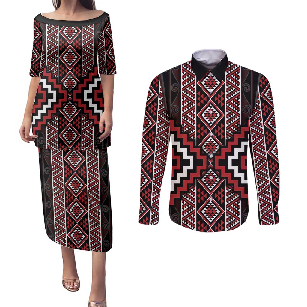 Red Tukutuku Pattern Aotearoa Couples Matching Puletasi and Long Sleeve Button Shirt Niho Taniwha and Puhoro Motifs